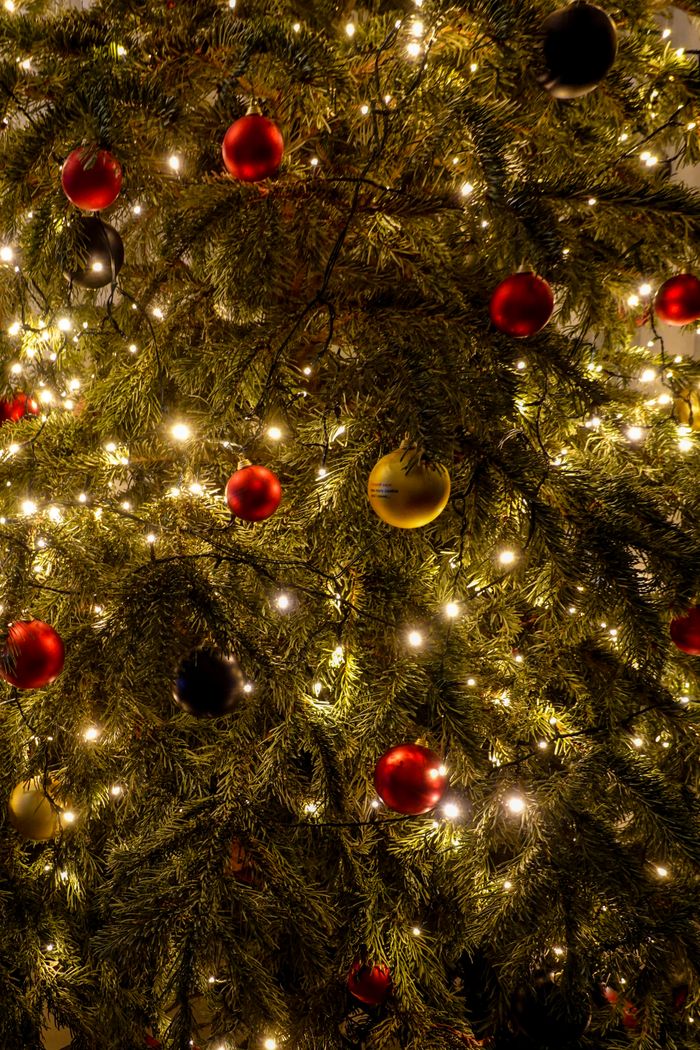 Close-up of a beautifully lit Christmas tree adorned with festive baubles and twinkling lights.