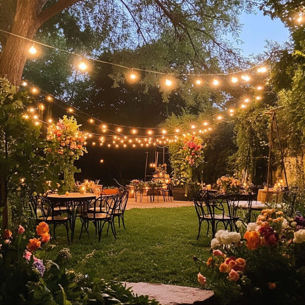 Garden backyard lighting ideas with decorative string lights and landscape lighting